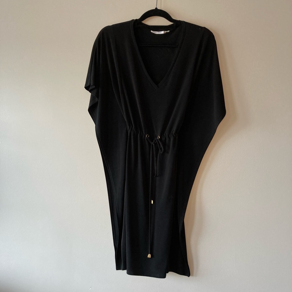 Calvin Klein Black Dress Beach Cover-Up 6 sexy Drawstring Gold Details